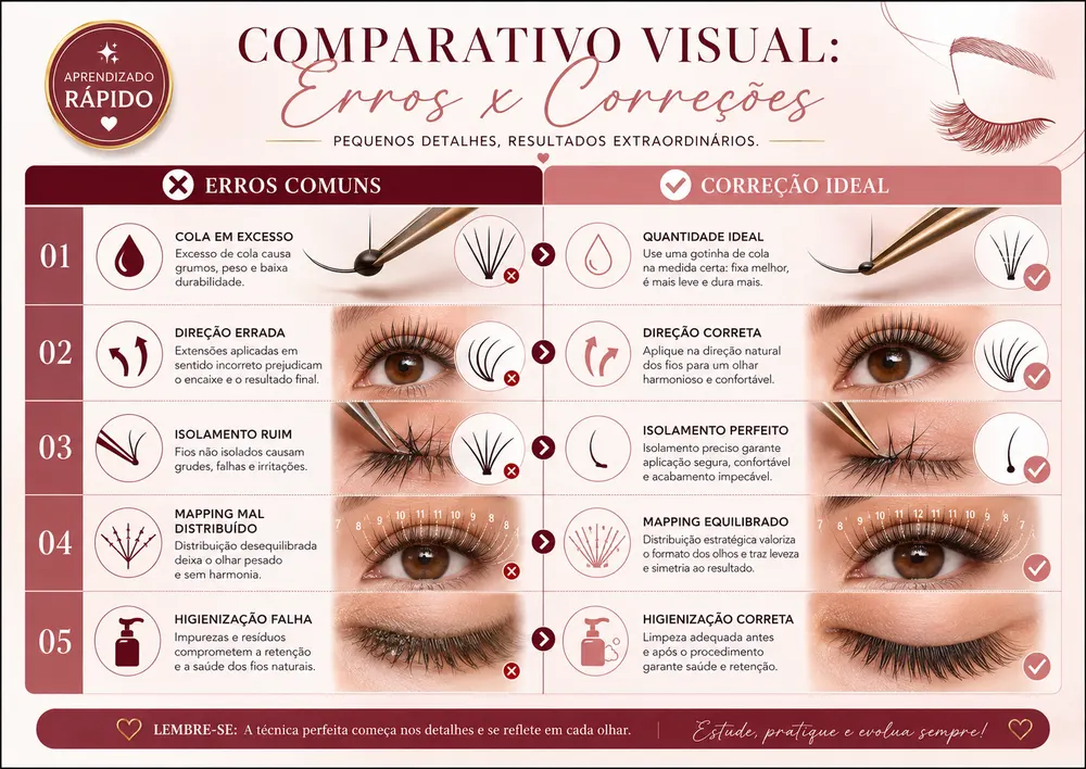 Comparativo visual de erros e correções